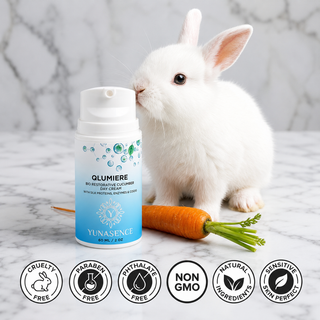 A white rabbit is shown beside a blue-and-white pump bottle labeled YUNASENCE qLUMIERE day CREAM on a marble surface, with a carrot in front of the rabbit and circular benefit icons along the bottom.