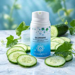 A bottle of YUNASENCE QLUMIERE Bio Restorative Cucumber Day Cream stands on a marble surface surrounded by sliced cucumbers, cucumber leaves, with a soft blurred green and blue background.