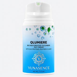 Yunasence Qlumiere Bio Restorative Cucumber Day Cream in a 60 ml pump bottle. The bottle features a white cap and a label with a blue-to-white gradient color