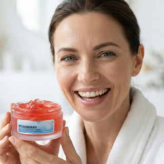 woman holding a jar of roseberry cleanser on light background