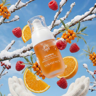 Yunasence seleniya with winter elements like oranges, raspberries, and snow-covered branches.