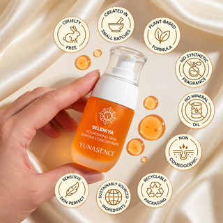 A hand holds a bottle of Yunasence Seleniya Nourishing Skin Barrier Concentrate against a draped satin fabric background, surrounded by circular badges highlighting product benefits.