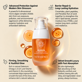 Yunaseance Seleniya Nourishing Skin Barrier Concentrate bottle on a warm beige background with decorative oil droplets and surrounding product feature text.