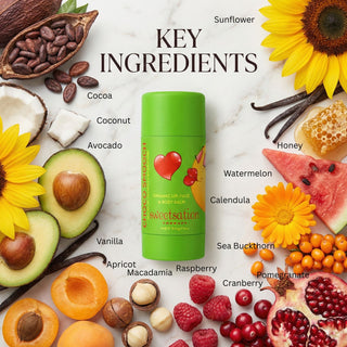 Key ingredients for a product displayed with labeled items including avocado, sunflower, honey, and more on a white background.