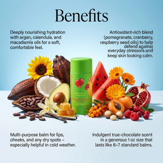 Product with ingredients and benefits listed on a blue background