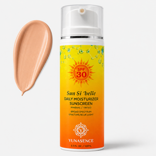 A bottle of Yunasence Sun Si 'belle Daily Moisturizer Sunscreen SPF 30, shown next to a peach-colored product swatch on a light gray background.