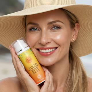 A smiling woman in a wide-brimmed straw hat holds a bottle of Sun Si Belle SPF 30 sunscreen against a softly blurred outdoor background.