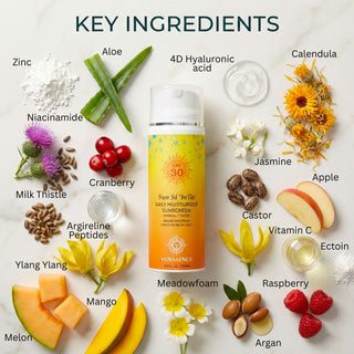 Sunscreen bottle with key ingredients displayed on a white background
