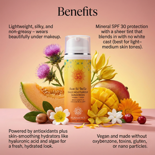 Sunscreen bottle with natural ingredients and benefits text on a pink background