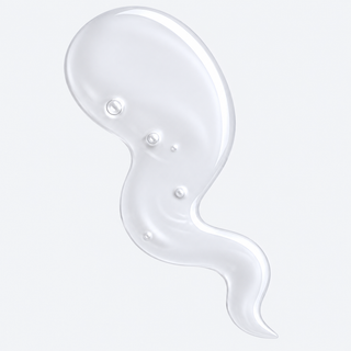 A semi translucent, white liquid droplet with small bubble details, isolated on a light gray background.