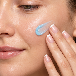 Close-up of a woman's face with a dollop of light blue skincare cream being spread onto her cheek by her hand with a French manicure.