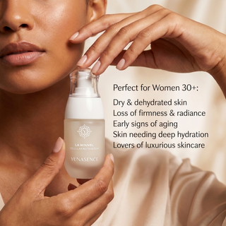 LaNouvel nutriserum held by a hand with text about its benefits for women over 30.