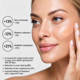 Close-up of a woman's face with a peach-colored skincare cream being applied to her cheek, alongside text highlighting skin benefits including increased luminosity, reduced redness, and healthier complexion.