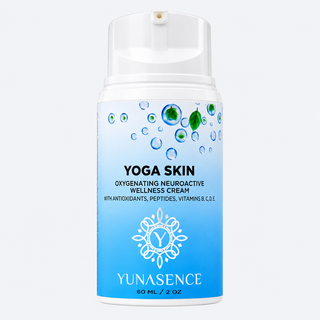 A white and blue pump bottle of YUNASENCE Yoga Skin Oxygenating Neuroactive Wellness Cream, featuring a white cap and a blue label.